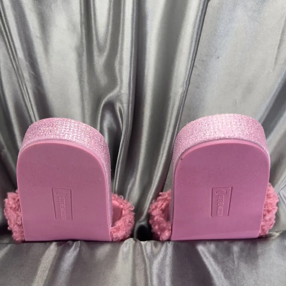 Steve Madden Girls‎ Size 4 Slides Pink Fuzzy Sandals Glitter Sparkles Hearts